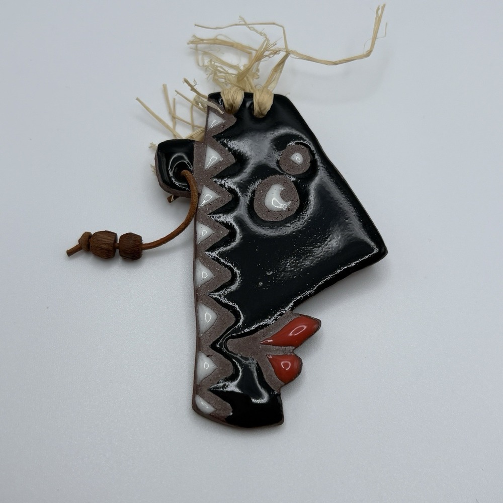 Vintage Arisan Ceramic Tribal Pottery Face Brooch Abstract Art to Wear Signed